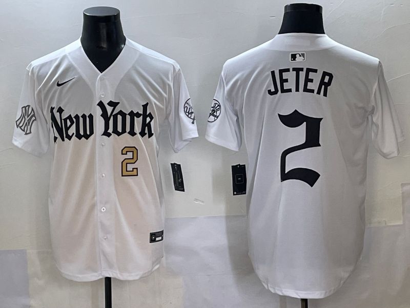 Men 2025 New York Yankees #2 Jeter White Five generations Joint Name Nike MLB Jersey style 9
